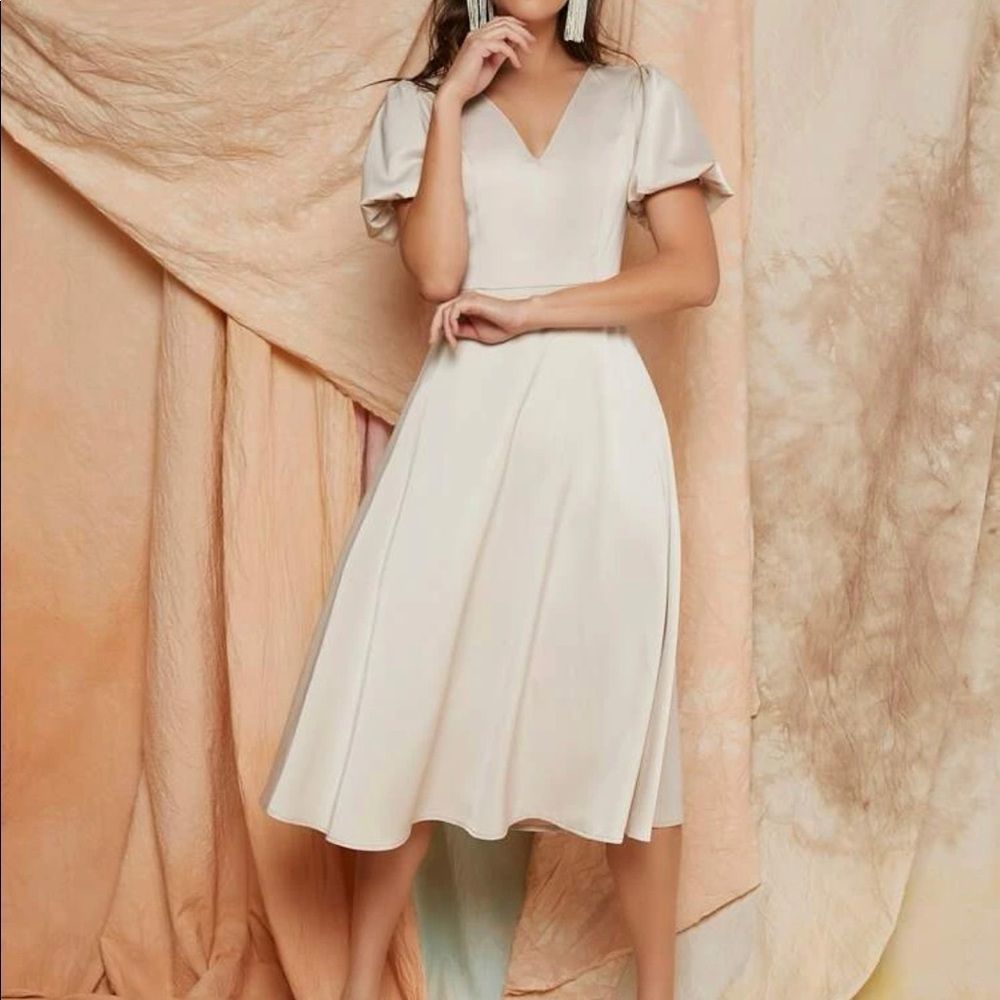 Puff Sleeve Solid Satin Dress